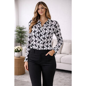 Women's By Design Button Down Shirt M Black White Swirl Print